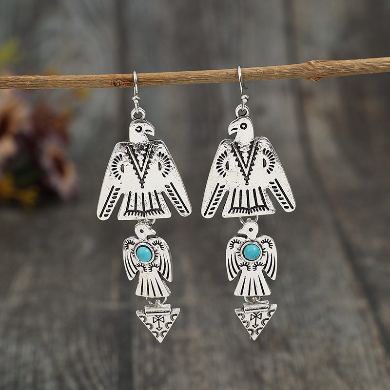 3E3C Vintage Bohemian Eagle Earrings | Turquoise Inlaid Patchwork Alloy Statement Dangle Earrings
