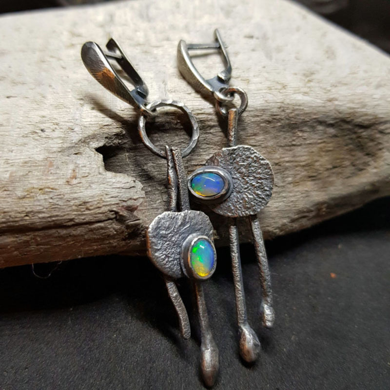 Asymmetric Multicolored Opal Earrings Tribal Jewelry Drop Earrings