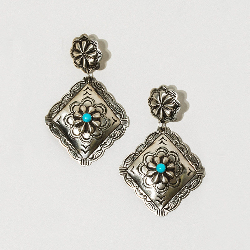 Vintage Silver Rhombus Carved Turquoise Stud Earrings Ethnic Western Jewelry
