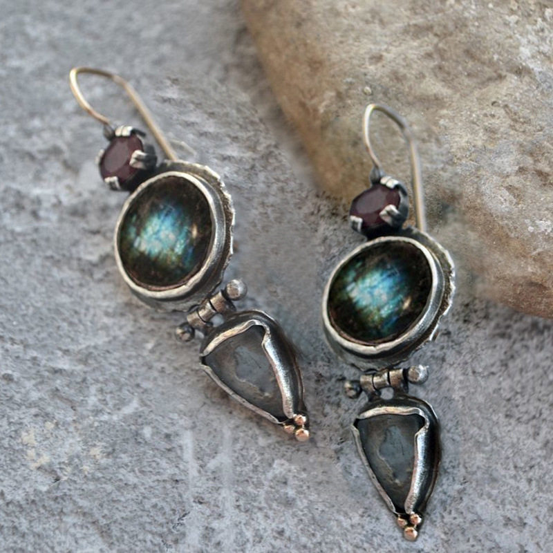 Vintage Round Dark Blue Gemstone Earrings Bohemian Distressed Triangle Statement Jewelry for Women