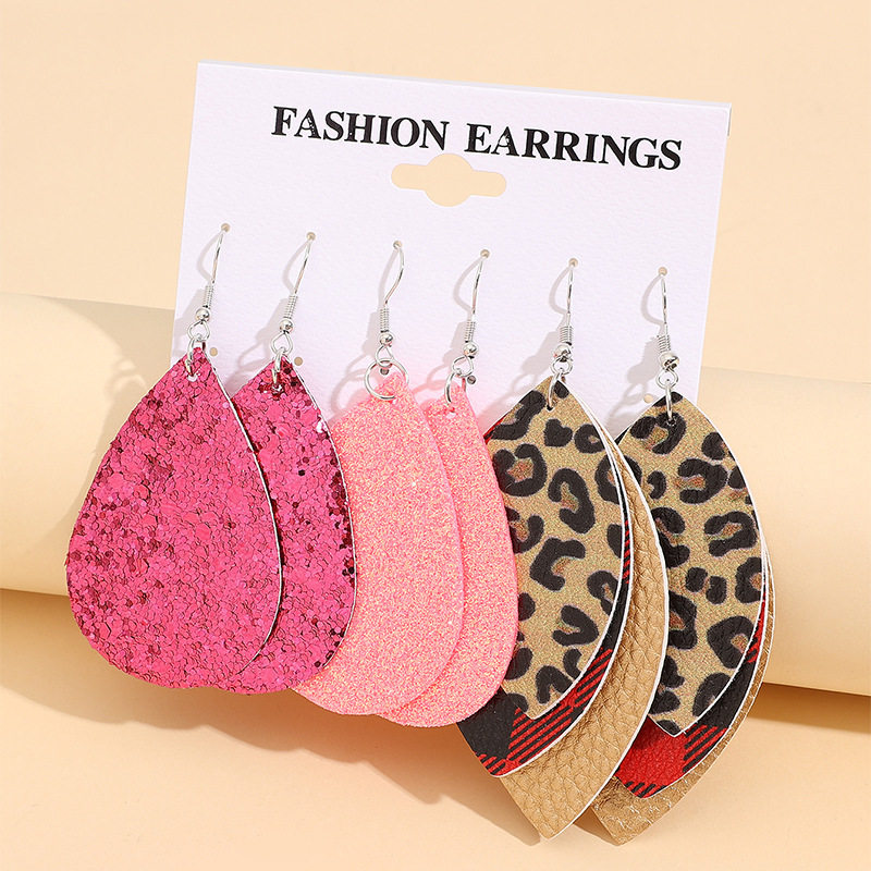 Minimalist Sequin Teardrop Leather Earring 3-Piece Set Western Leopard Plaid 3-Layer Jewelry