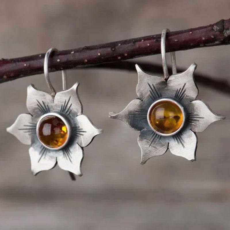 Fashion Alloy Floral Petal Earrings with Orange Gemstone Inlay