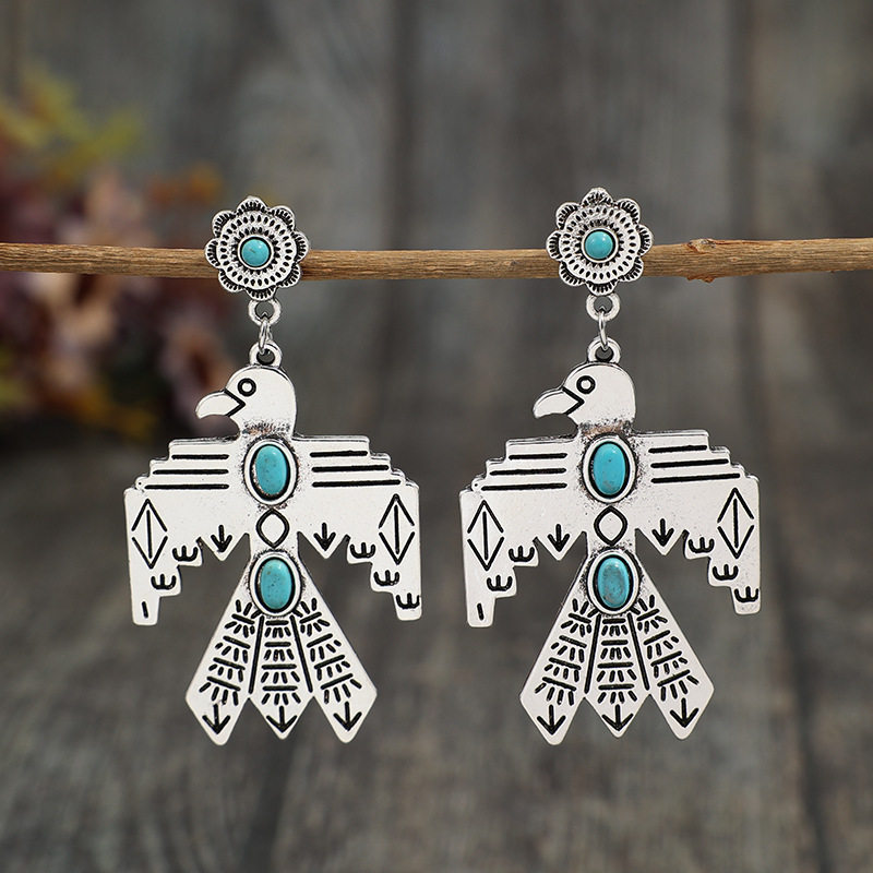 3E3C Vintage Turquoise Eagle Earrings | Inlaid Pumpkin Flower Patchwork Alloy Statement Dangle Earrings