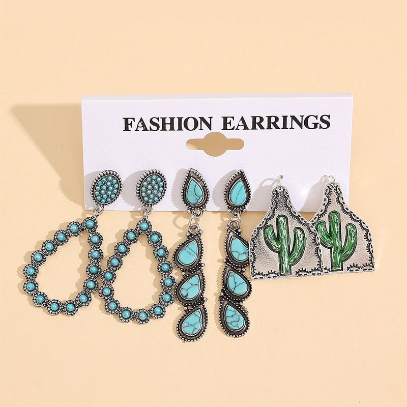Western Style Vintage Alloy Earrings 3-Piece Set | Retro Teardrop Turquoise Cactus Dangle Jewelry
