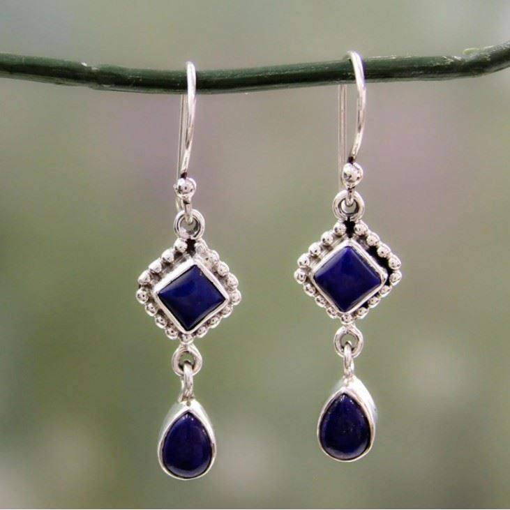 Oversized Long Teardrop Pear-Shaped Square Lapis Lazuli-Inspired Earrings Fashion Jewelry