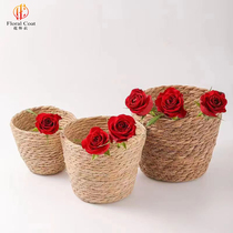 Straw flower basket Nordic style handmade rattan straw flower pot Internet celebrity chestnut bear hug bucket flower rose flower arrangement box