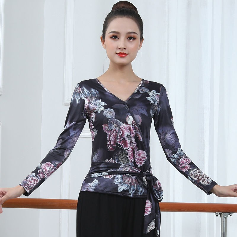 Latin dance clothing new adult women's dance clothing long-sleeved practice clothing national standard V-neck modern ballroom dance top