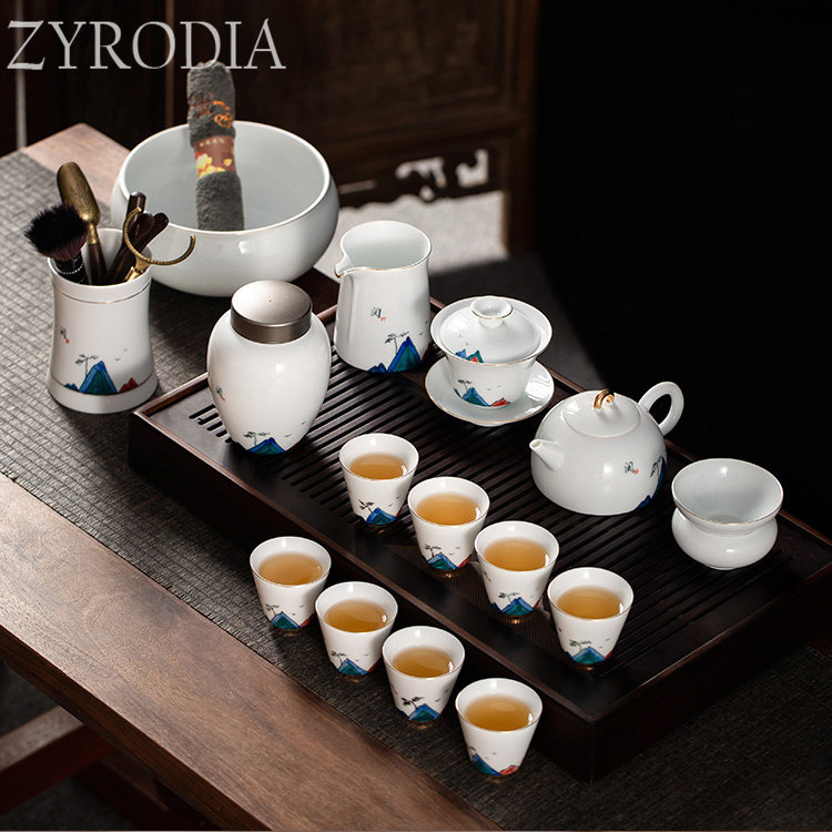 ZYRODIA white porcelain hand painted sheep fat jade Jingdezhen Chinese-style tea set to suit upscale office with guest utiliturg tea-Taobao