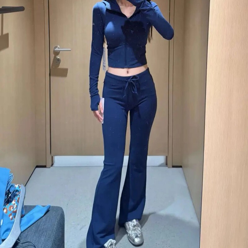 Hong Kong Al Brand Short Sweatshirt Jacket and Flared Yoga Pants Simple Versatile Set for Autumn and Winter, Slimming Effect