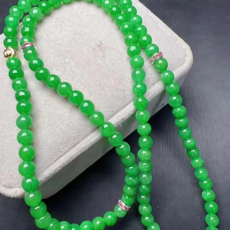 Auction of Burmese Ice-Type Light Green Emerald Jade Full-Color Round Beads 6mm Multi-Circle Bracelet 108 Beads Necklace