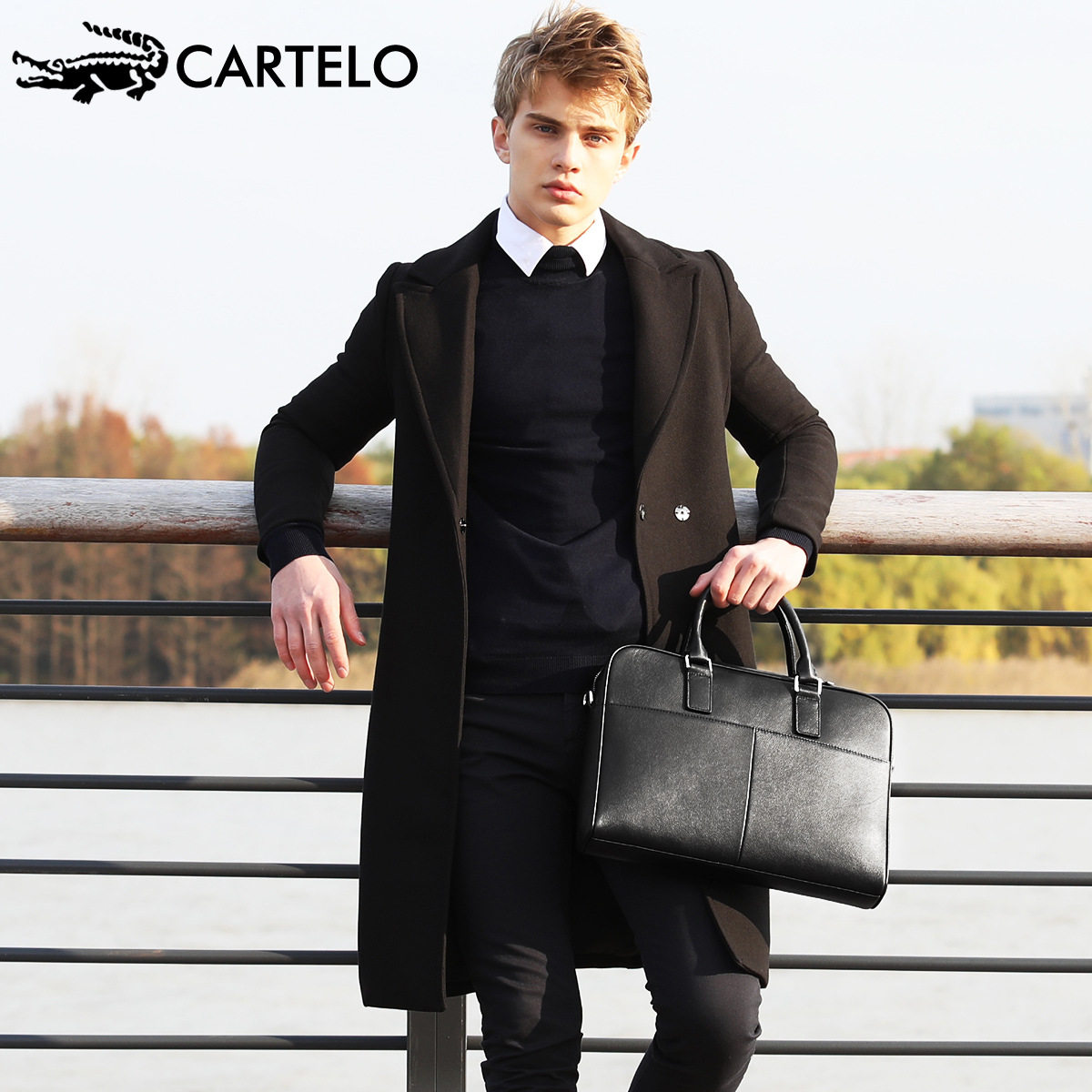 CARTELO crocodile men's briefcase head layer genuine leather hand-held messenger all-match business pure black shoulder bag