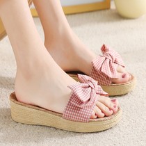 Japanese JULIPET linen slippers female summer thick bottom with high heel indoor bow knots