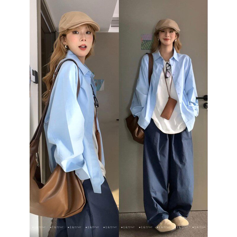 2026 New Style Blue Shirt Layering Jacket for Women, Spring/Summer, Relaxed Style, Long Sleeve Top