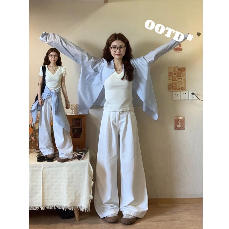 春日莫兰迪色穿搭正肩浅蓝色衬衫女上衣纯棉长袖衬衣防晒衣薄外套