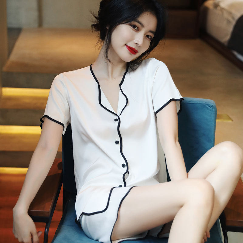 2021 summer new silk pajamas women loose cardigan sexy ice silk thin section short-sleeved home clothes two-piece set