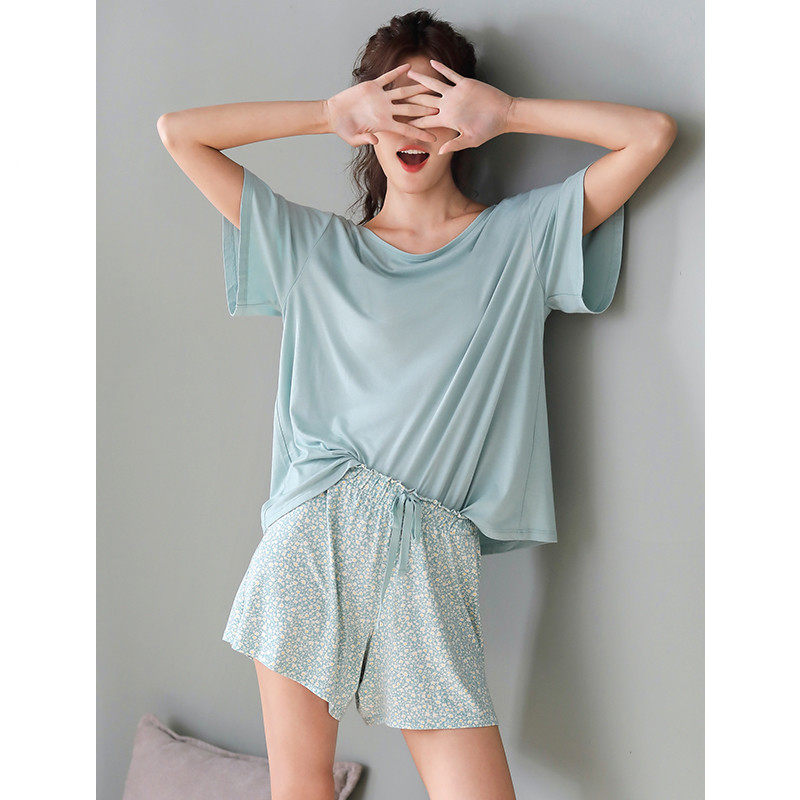 Summer thin pajamas women's large size modal cotton short-sleeved shorts comfortable ice silk can be worn outside the two-piece suit