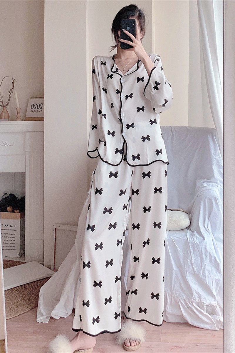 Pajamas women's ice silk summer long-sleeved 2021 new net red printing bow thin section loose large size home wear