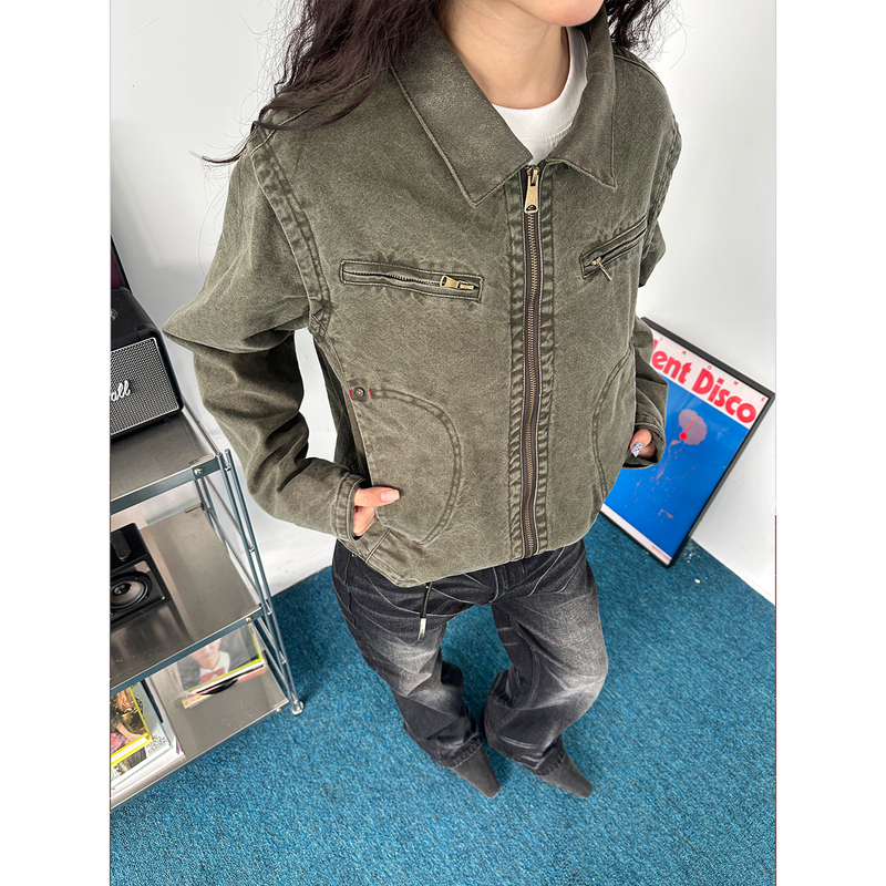 【Eme】American-Style Washed Vintage Short Work Jacket for Men and Women, Color-Blocked Lapel Casual Loose Zipper Jacket 【Eme】American-Style Washed Vintage Short Work Jacket for Men and Women, Color-Blocked Lapel Casual Loose Zipper Jacket