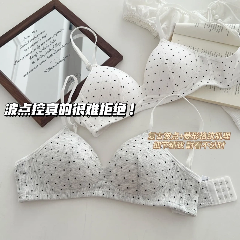 Retro Polka-Dot Small Breast Push-Up Bra for Women, Summer Thin, Breathable and Comfortable, No Steel Ring, Top-Up Anti-Sagging Student Bra