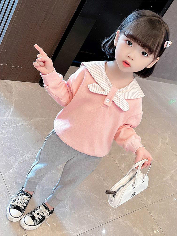 Hong Kong girls' autumn and winter wear 2021 new trendy suit Western style little girl all-match navy collar children's suit two-piece set