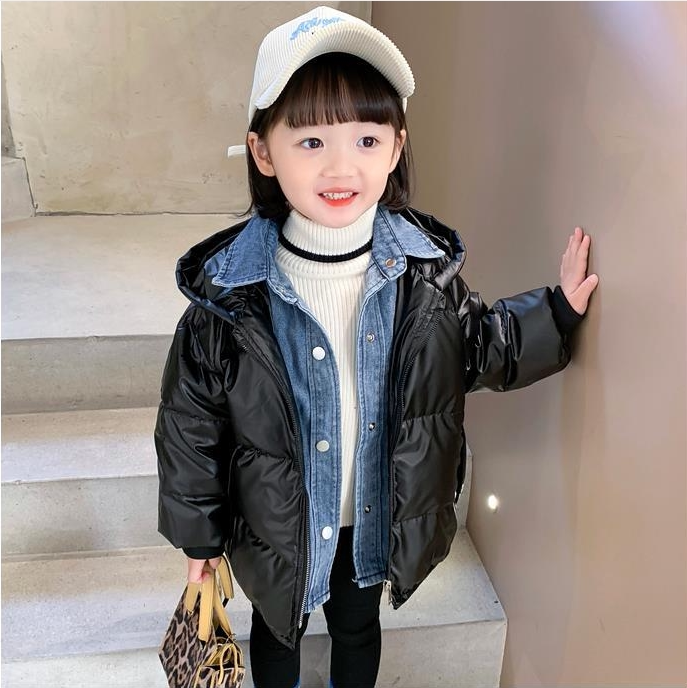 Hong Kong girl's autumn winter coat 2021 new baby denim bright face down clothes children fake two warm blouses