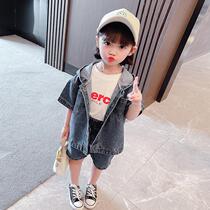 Hong Kong girls denim suit 2021 summer new foreign style childrens fashionable short-sleeved shorts baby clothes for women thin