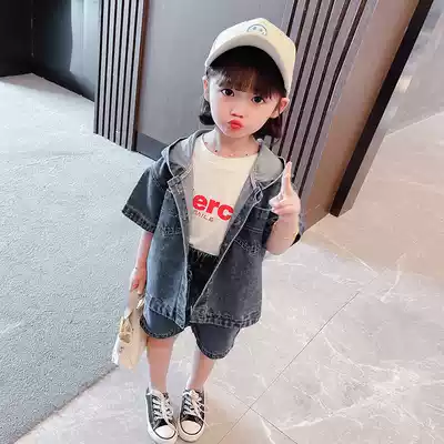 Hong Kong girls denim set 2021 summer new foreign style children's fashion short sleeve shorts Women baby clothes thin