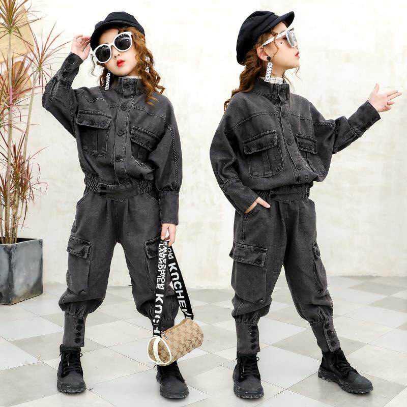 Hong Kong Cowboy Suit Girl's Autumn Winter 2021 New CUHK Child Labour Dress Trendy Personality Girl Child Clothing Two Sets