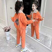 Hong Kong girl light core suede suit 2021 new children orange turned collar little girl clothes clip cotton winter child clothing