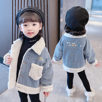 Hong Kong Baby Fashion Warm Jacket Han Version Girl Loose Denim Plush Jacket Children Plus Suede Casual Winter Clothing
