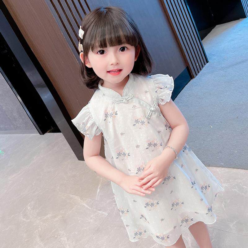Hong Kong Girl Short Sleeve Qipao Dress Summer 2021 New China Wind Children Girl Summer Clothing Baby Dress