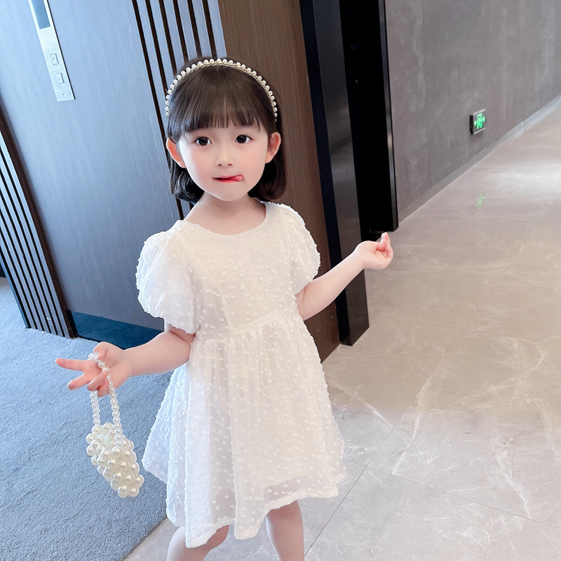 Hong Kong Girl Skirt Summer 2021 New Korean Version Children Summer Clothes Mid-Children Little Frescoed Bubble Sleeve Foreign Dress