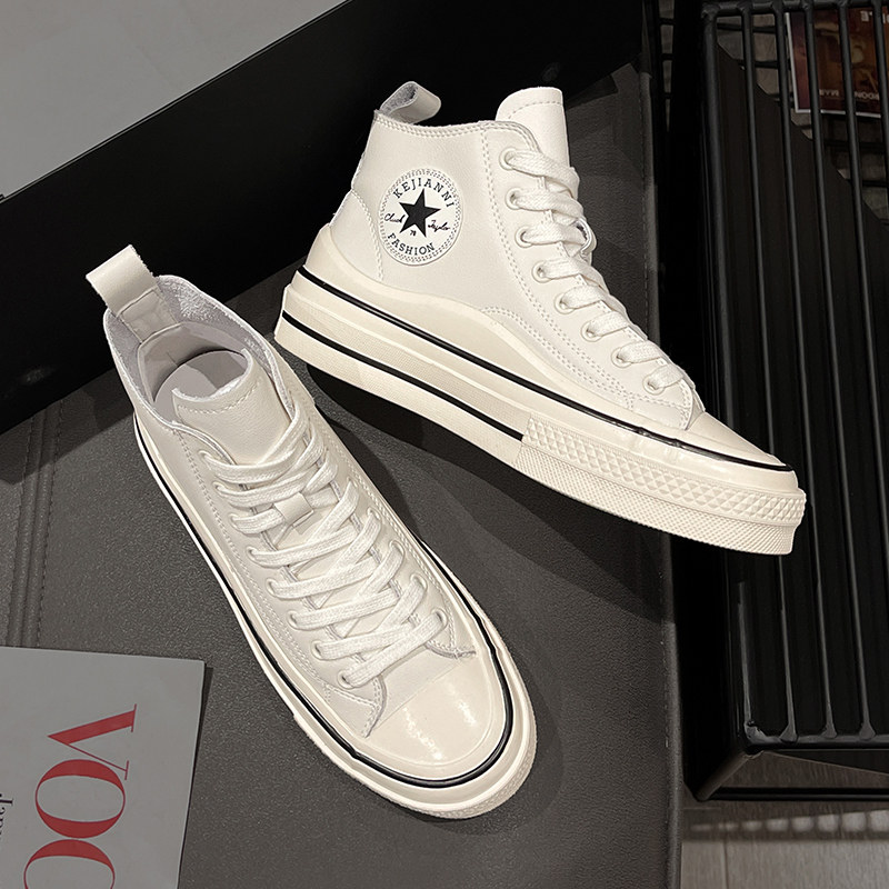 Spring Autumn Small White Shoes 2022 New Women's Shoes Flat Bottom Students Sports Casual Board Shoes Strap Round Head Display Slim High Cylinder Shoes