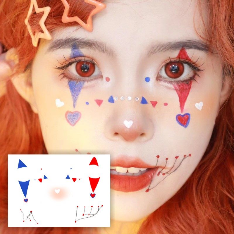 Halloween clown makeup creative face stickers, pumpkin glitter spider bat stitched scar tattoo stickers for children
