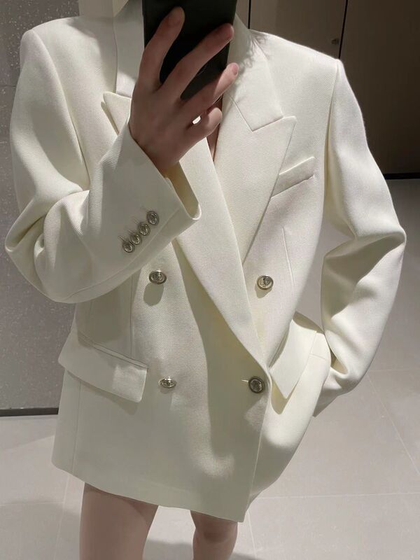 2025 Spring and Autumn New Style White Double-Breasted Women's Suit Jacket with Elegant Design and Straight-Cut Casual Commuter Suit Coat 2025 Spring and Autumn New Style White Double-Breasted Women's Suit Jacket with Elegant Design and Straight-Cut Casual Commuter Suit Coat