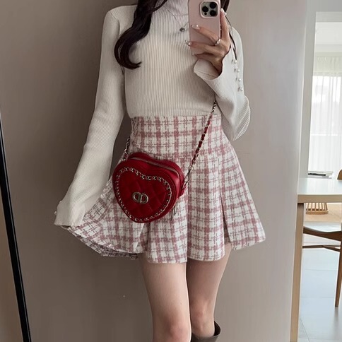 Grl New Japanese-Style Sweet and Versatile Pleated Skirt with Lining, Made of Tweed Plaid, That Makes Legs Look Longer, Dk1278 Grl New Japanese-Style Sweet and Versatile Pleated Skirt with Lining, Made of Tweed Plaid, That Makes Legs Look Longer, Dk1278