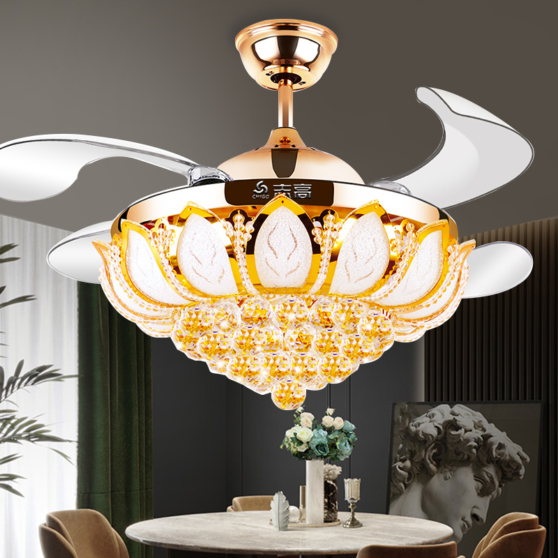 Zhigao Invisible Crystal Ceiling Fan Lamp Eurostyle Golden Variable Fan Lamp Home Restaurant Integrated With Electric Fan Chandelier-Taobao