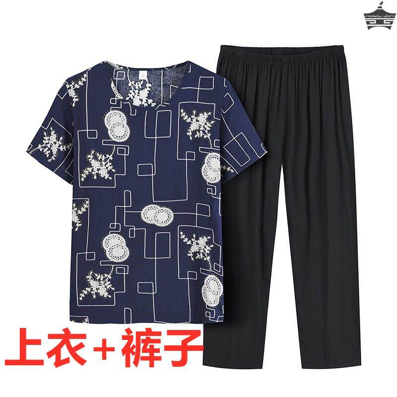 Middle aged cover head short sleeve T-shirt Two sets Mom round collar cotton silk Summer clothes Grandmother artificial cotton Seven Pants Jacket-Taobao
