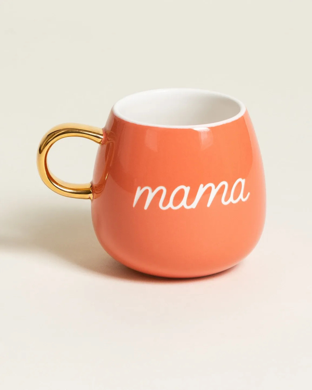 Fqrliving Mama Mug Coral Orange Pottery Round Shape with Letters and Gold Handle Mug Fqrliving Mama Mug Coral Orange Pottery Round Shape with Letters and Gold Handle Mug