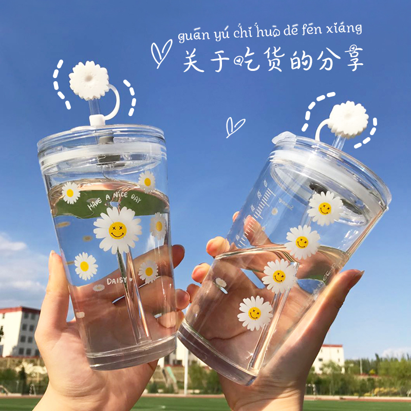 Japanese and Korean version of ins household cup Mori small fresh and cute water cup glass with lid straw girl