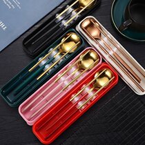 Portable chopsticks spoon set childrens tableware cute three-piece set stainless steel fork single student storage box