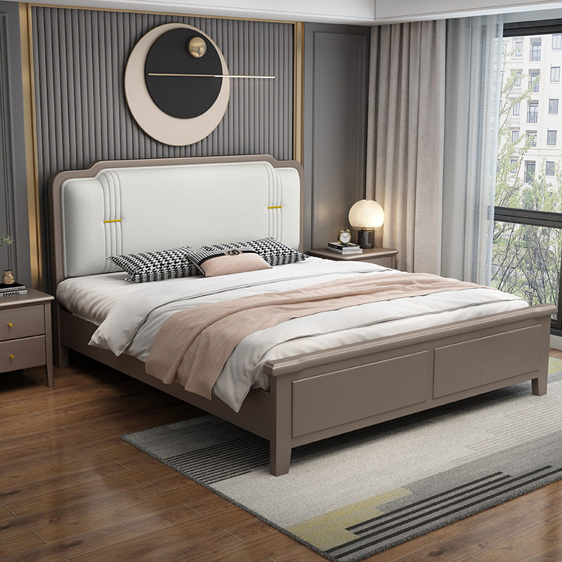 American light luxury solid wood bed modern simplicity 1 5 meters double master bedroom king bed 1 8 European style soft back high box storage bed