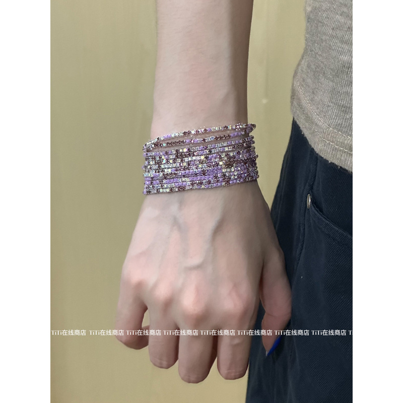 Titi Pink and Purple Full Diamond Sparkling Rhinestone Multi-Layer Elastic Bracelet for Women, Exaggerated Crushed Diamond Stackable Exquisite Fashion Jewelry
