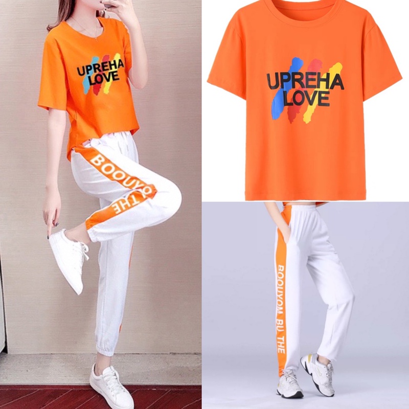 Orange Sports Casual Suit for Women, New Summer Style, Trendy and Youthful Dance Outfit, Fashionable Loose-Fitting Two-Piece T-Shirt Set
