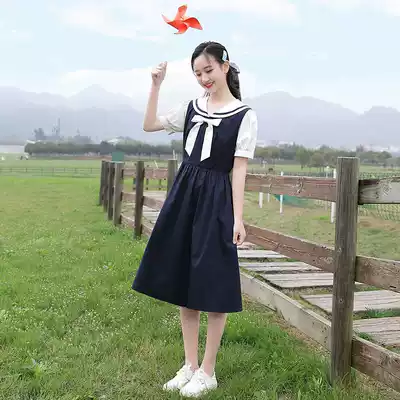 Dress 2021 summer new Korean style College Wind long version Navy wind girl fresh Medium-length dress