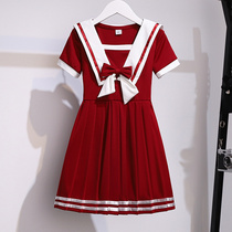 Summer new girl jk one-piece dress net red short sleeves princess skirts academy windy red children little girl pleats