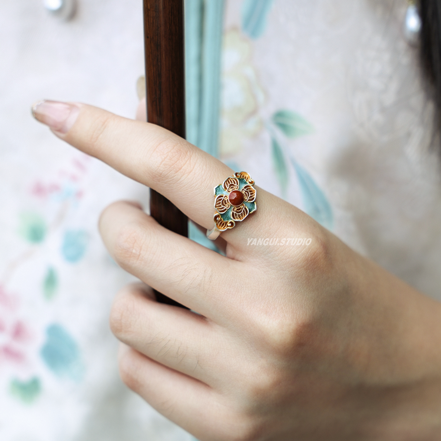 Yangui Yanxi Palace New Chinese Style Enamel Pure Silver Ring