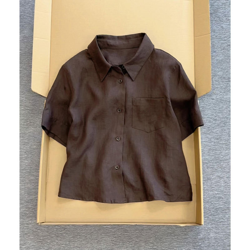 Mark~Good Things to Share! Vintage Dark Brown Linen Cotton Shirt for Women, Summer 2026 Short-Sleeve Cardigan Top