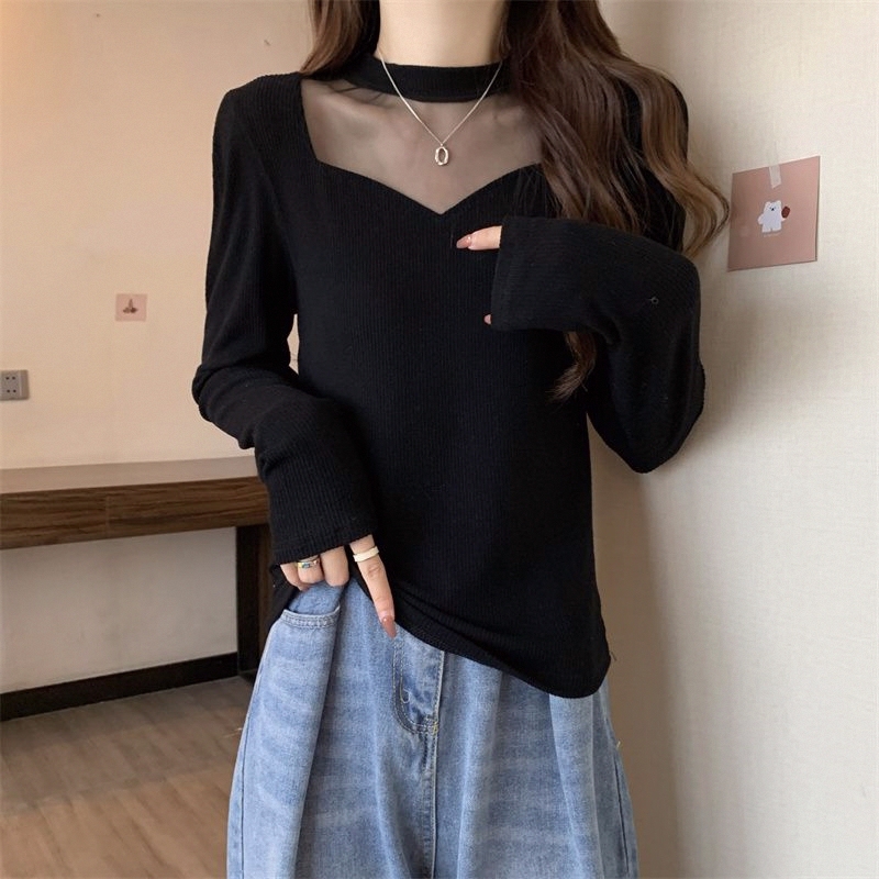 1.0-150kg Plus-Size Women's Tummy-Covering Tops for Early Spring, Designed for Curvy Women, with a Stylish Mesh Patchwork Design