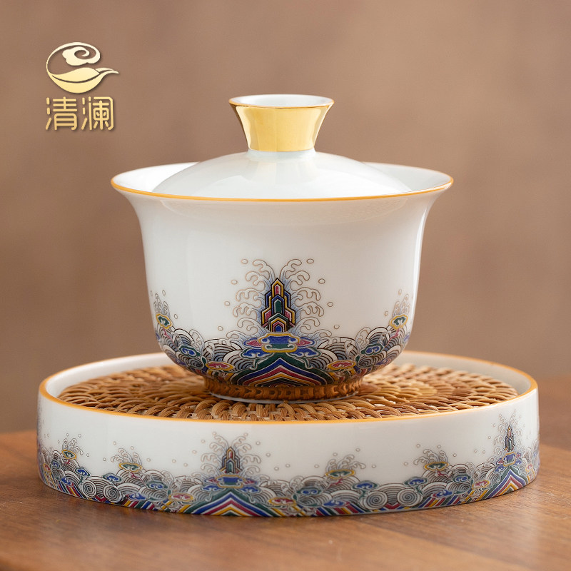 Qigfu tea with enamel painted cover bowl big number three only tea bowl Ceramics Tea tea Tea Cup Tasting Cup Pot Bearing White Porcelain